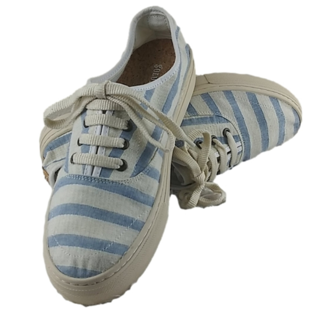 Soludos Blue Striped Fabric Upper Almond Toe Lace Up Low Top Platform Sneaker